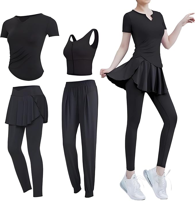 Yoga Set For Women Of Four Pieces, Pilates Outfit With Short Sleeves And Tank Sports Bra, Size Xxl For 135-150, Polyester And Spandex