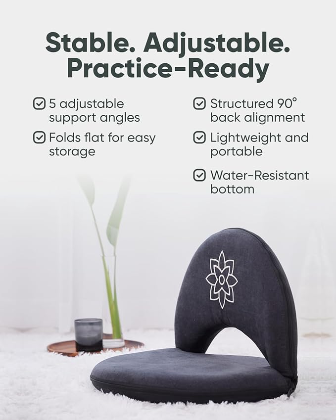Mindful Modern Meditation Chair | Adjustable Floor Chair with Back Support | Padded Floor Seat for Posture Support and Comfort | Portable Folds Flat for Storage | Indoor/Outdoor Use | Stone Black
