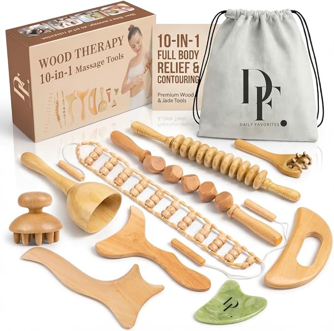 10-in-1 Wood Therapy Massage Tools – Lymphatic Drainage Tools with Gua Sha Stone for Muscle Pain Relief – Maderoterapia Kit Professional for Body Sculpting