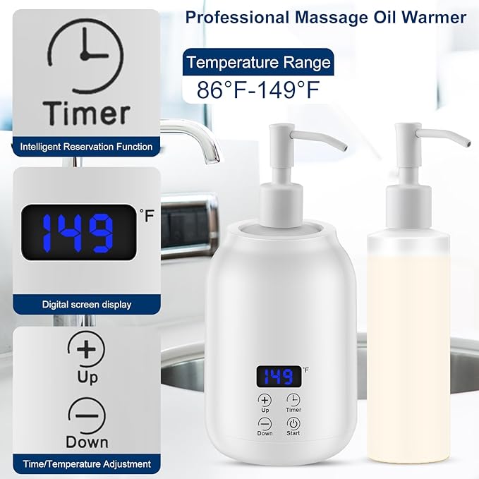 Massage Oil Heater Warmer,with ℃/℉ Switchable Display, Two Oil Dispenser Bottle，Constant Temperature, Salon and Barber Shops,White
