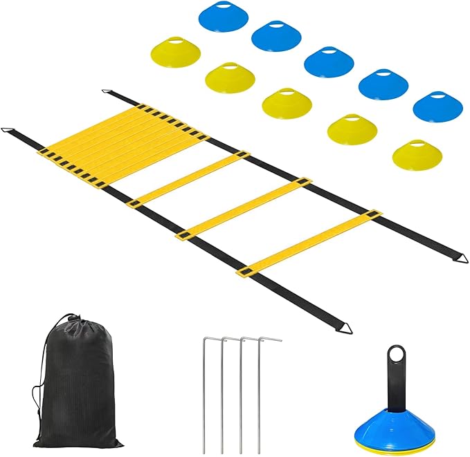 Speed Agility Training Equipment Set - 20ft Agility Ladder, 10 Disc Cones, Resistance Parachute, 5 Resistance Bands & Carry Bag | Football Soccer Basketball Fitness Drills