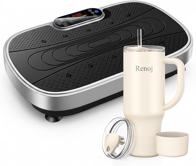 Vibration Plate Exercise Platform with Loop Bands + Renoj FlexSlide 40oz Insulated Stainless Steel Tumbler (White) – Full Body Workout & Recovery Set