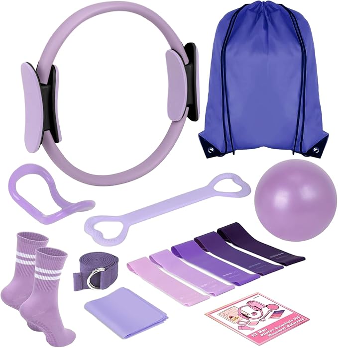 Pilates Kit for Home Workouts for Women-12-Piece Equipment Set with Ring,Yoga Ball,5 Resistance Bands,Figure-8 Band,Arm Stretcher,Grippy Socks,Storage Bag for Toning,Strength & Flexibility