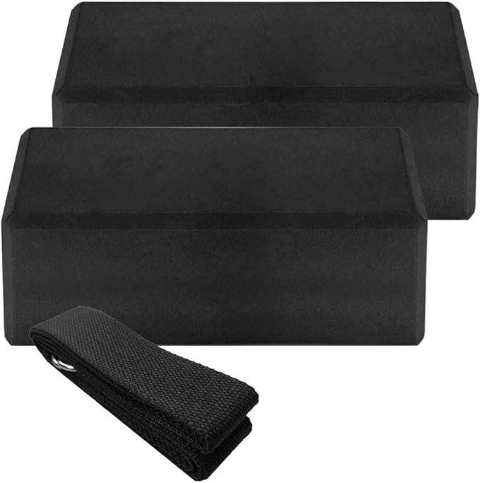 Yoga Wheel Cotton Stretching Strap Set Stability Blocks Pilates Exercise Pack for Beginners (Black)