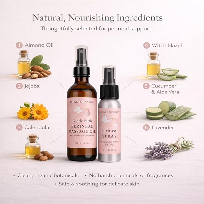 Organic Perineal Massage Oil Spray by Irene Organics for Pregnancy and Postpartum - Prevention for Perineum Tearing, All Natural, Third Trimester Pregnancy Must Haves for Childbirth (Perineal Bundle)