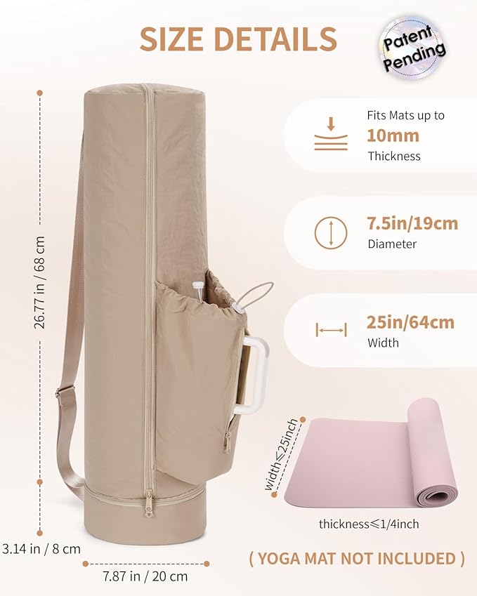 sportsnew Puffy Yoga Mat Bag Yoga Gym Bags for Women Men, Full-Zip Pilates Bag with Wet Pocket & Side Zip Drawstring Pocket Fits Tumblers with Handle, Yoga Mat Storage for Carrier Quick Access