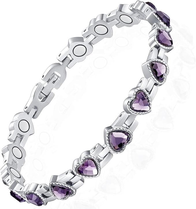 Magnetic Bracelets for Women, Stainless Steel Bracelet with Heart-Shaped Zircon, Magnetic Jewelry Present (Purple)