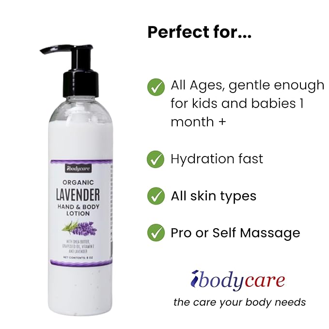 Lavender Massage Lotion Body Moisturizer with Organic Shea Butter & Grapeseed Oil, Vegan, Ideal for Massage Therapy, Spas, and Home Body Cream