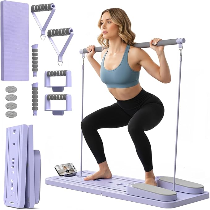 Premium Pilates Reformer Board – Foldable Portable Pilates Machine with Push-Up Bars, Pilates Bar & Resistance Bands for Full-Body Home Workout, Core Strength & Travel Fitness