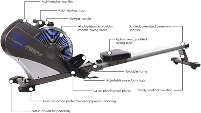 Stamina ATS Air Rower, Grey - Smart Workout App, No Subscription Required - Foldable Rowing Machine for Home Use