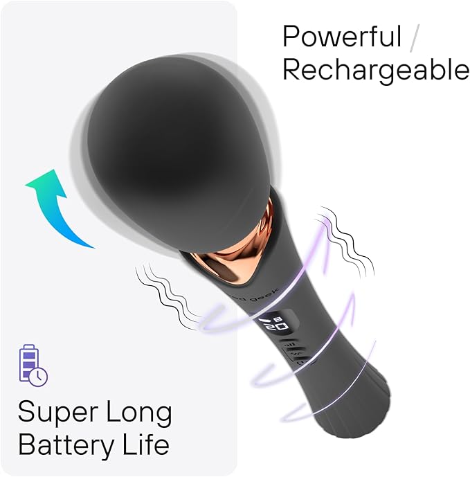 bed geek Cordless Wand Massager – Super Powerful Handheld Massage with 20 Speeds & 8 Patterns, Soft Silicone Head, Quiet Motor, LED Display, Body-Safe & Waterproof Black & Rose Gold