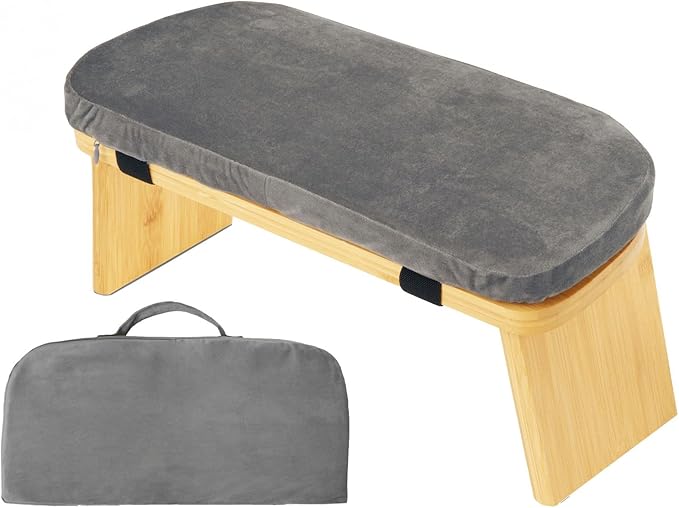 Natural Beech Wood Yoga Bench, Ergonomic Design for Kneeling, Meditation, Pilates, FSC Certified (Gray)