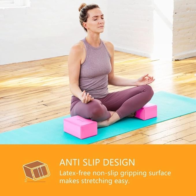Sol Living Yoga Blocks 2 Pack High Density EVA Foam Yoga Cushion Stretching Pilates Meditation Exercise Equipment Support Deepen Poses Odor Free Non Slip Yoga Accessories - 4" x 6" x 9"- Pink