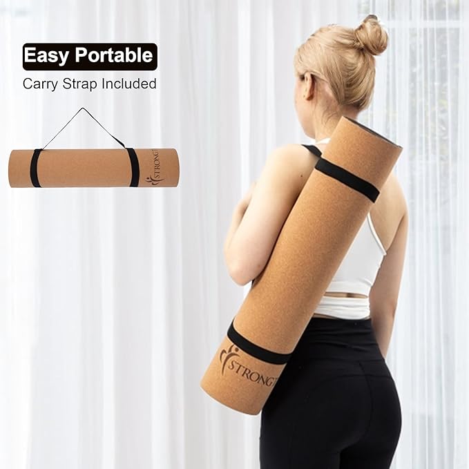 StrongTek Cork Yoga Set – Eco Yoga Mat + XL Foam Wedge Blocks, Non-Slip, Supportive & Cushioned for Hot Yoga, Stretching & Balance Training