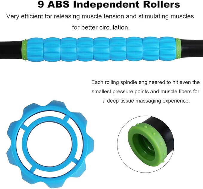YANSYI 9-Roller Deep Tissue Massage Stick - Professional Muscle Recovery for Leg & Back Pain Relief, Portable Physical Therapy Tool for Athletes, (Blue 2)