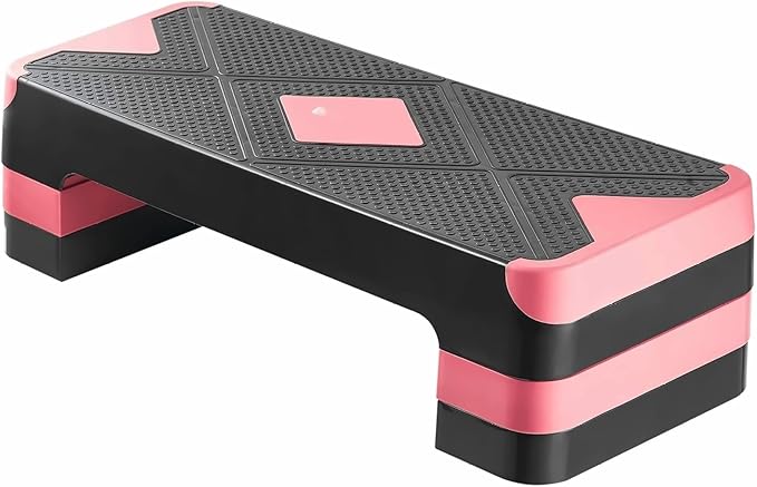 Aerobic Exercise Step Platform, 28-Inch Workout Aerobic Stepper, Height Adjustable Fitness Training Step Deck Trainer with 4 Risers, Non-Slip Surface Bench for Home Gym Cardio Strength, Red