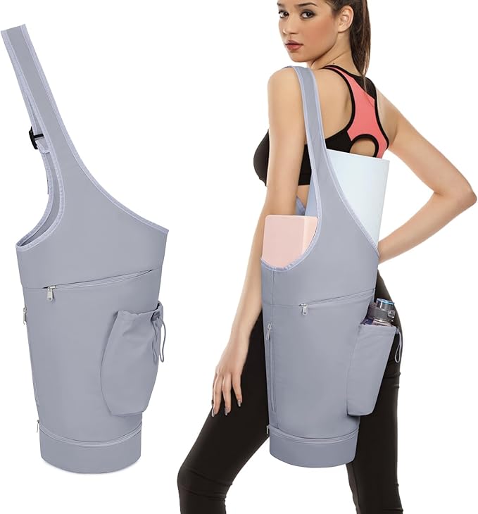 sportsnew Yoga Mat Bag, Large Opening Long Tote Yoga Mat Carrier Holder Bag with Waterproof Wet Pocket and Drawstring Water Bottle Pocket, Adjustable Shoulder Strap Storage Bag, patent pending
