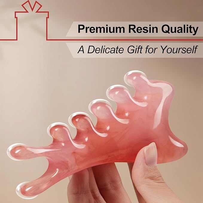 Premium 6 in 1 Head Scalping Massage Tool Comb for Hair|Head|Face|Eye|Neck|Resin Whole Body GuaSha Tool|Vintage Gift Package Relieve Stress Stay Young Home Massage Time-Penny Saver (Resin Pink)