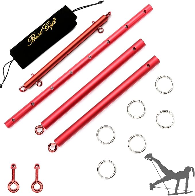 Sovyime 2pcs Red Pilates Spreader Bar Kit Sports Aid Training Fitness Gear - Exercise Guide Included,Workout Bar,Home Yoga Gym Kit