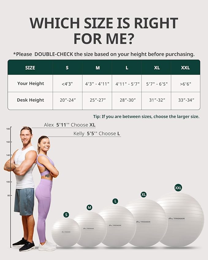 Trideer Exercise Ball for Yoga, Pilates & Fitness – Stability Ball Equipment for Home Gym & Office Chair, Core & Balance Training Accessories, Physical Therapy Equipment, Quick Pump Included, 5 Sizes