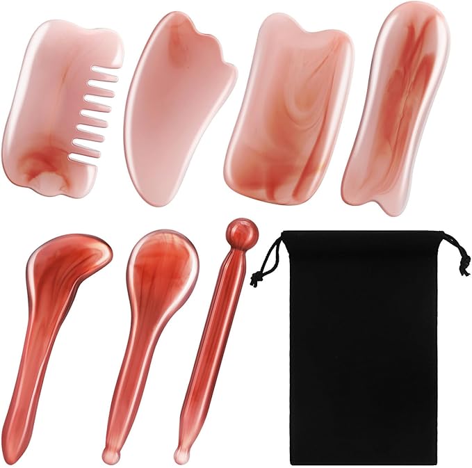 Resin Gua Sha Board Set – 7 Pack Scraping Massage Tools for Physical Therapy, Facial Care, Neck & Shoulder Relief, Includes Storage Pouch