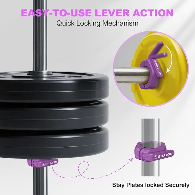 Olympic Barbell Clamps 2 inch Barbell Clips (Pair) Barbell Collars for Secure Weightlifting Quick Release Weight Clips for Bars with Anti-Slip TPR Lining at Home or Gym Clips (Purple)