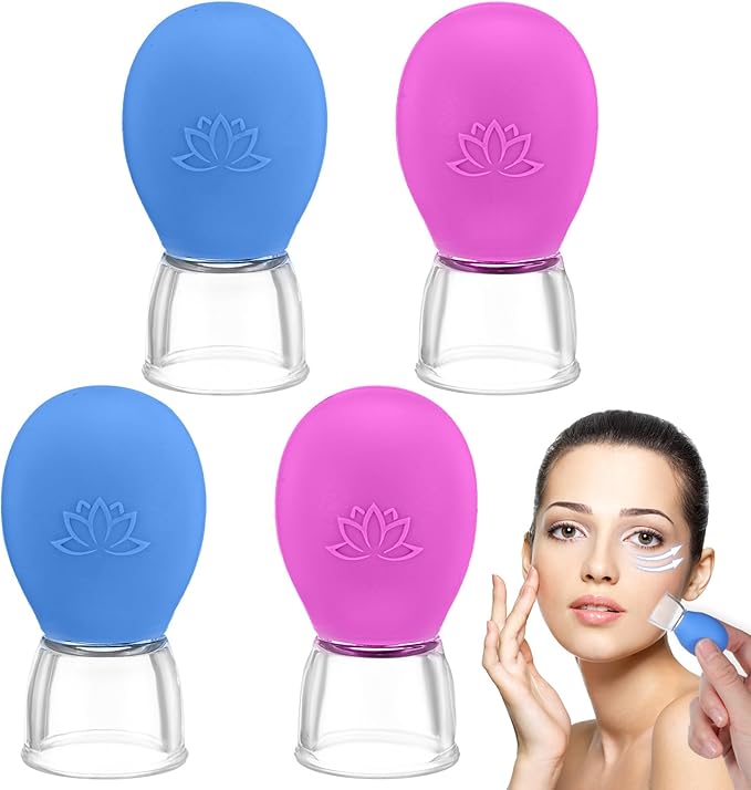 4Pcs Facial Cupping Therapy Set, Silicone Face Cupping Kit for Massage, Anti Cellulite Cup Massage Tool Vacuum Suction Cup for Eye Face Vacuum Massager (Blue, Rose Red)