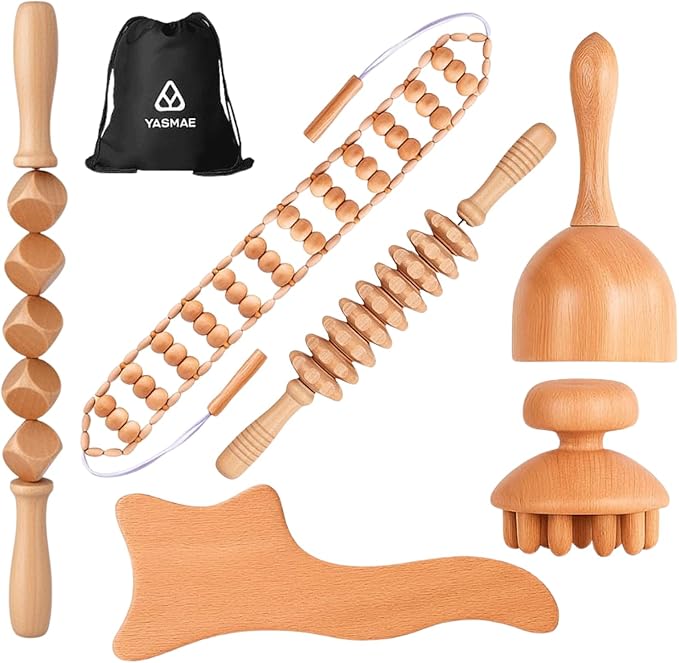 6-in-1 Wood Therapy Massage Tools with a Poly Bag – Lymphatic Drainage Massage Tools for Body Sculpting, Anti-Cellulite & Muscle Relaxation – Wooden Maderoterapia Kit for Face & Body Care
