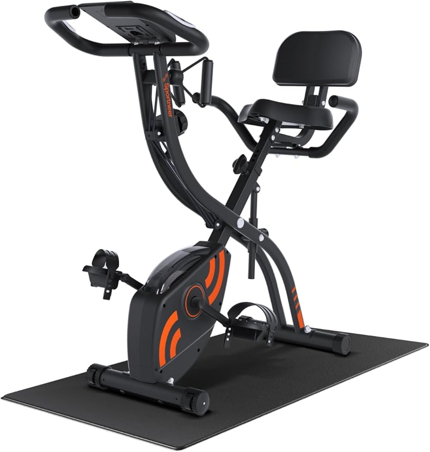 Sportneer Foldable Exercise Bike Stationary Bike, 4 in 1 Indoor Cycling Bike with 16 Level Magnetic Resistance Training Bike with Arm Resistance Band PVC Floor Mat Fitness Bike for Home Gym Workout