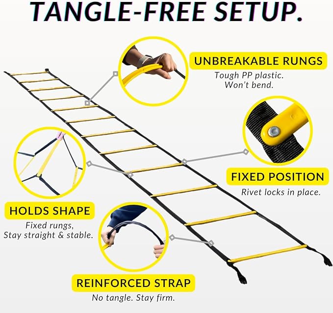 SOFTSOUL Agility Ladder 20ft 12 Rungs Premium Tangle Free Speed Training Equipment for Football Soccer Basketball Footwork Workout Drills for Kids Adults Youth Portable