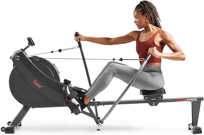 Sunny Health & Fitness Full-Motion Rowing Machine w/Adjustable Resistance, Low-Impact Full-Body Workout Rower w/Long Slide Rail, Space-Saving Design, Free SunnyFit App Connection