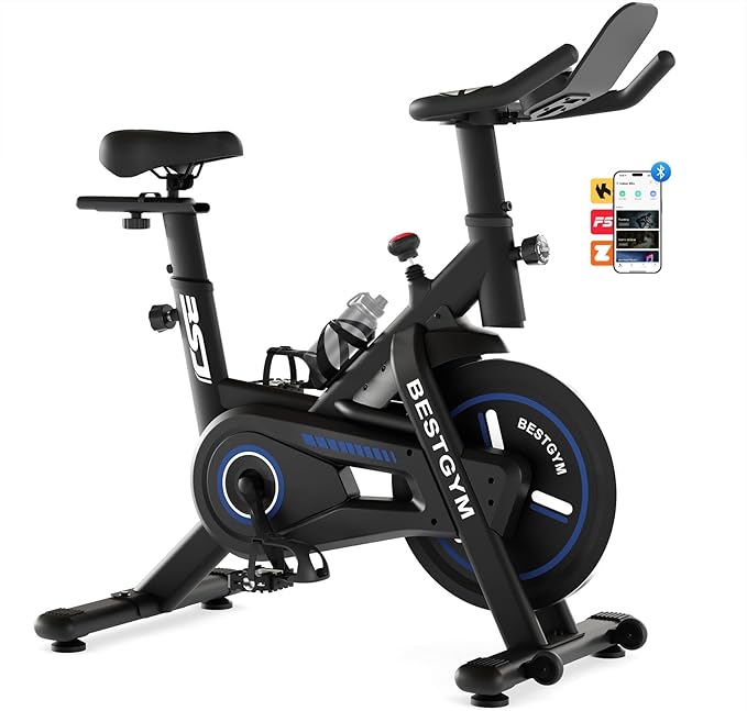 Exercise Bike, Adjustable Resistance Stationary Bikes for Home with App Compatible, Quiet Indoor Cycling Bike with 330lbs Weight Capacity, Comfortable Seat, Silent Belt Drive for Home Fitness and Weight Loss(Friction-Black)