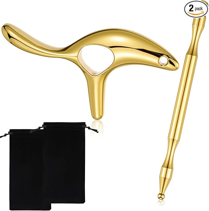 2 Pcs Trigger Massage Tool Acupuncture Pen Gua Sha Massage Scraping Tool Manual Reflexology Body Point Deep Tissue Muscle Scraper Massager for Head Neck Hand Waist Calf Foot (Gold,Medium)