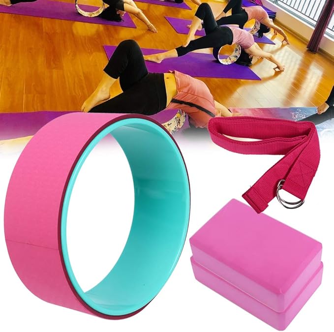 4pcs Yoga Fitness Set with Yoga Wheel, Yoga Blocks and Stretch Strap, Premium ABS EVA Cotton Stretching Kit for Back Pain Relief and Deep Flexibility Training