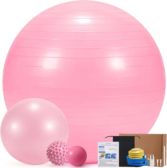 4Pcs Yoga Ball Set includes Large and 9in Pilates Balls, Massage & Spiky Ball for Fitness ,Anti-Burst Exercise Ball with Pumb for Pregnancy,Physical Therapy,Office Chair, Home Workout,3Sizes,3Colors