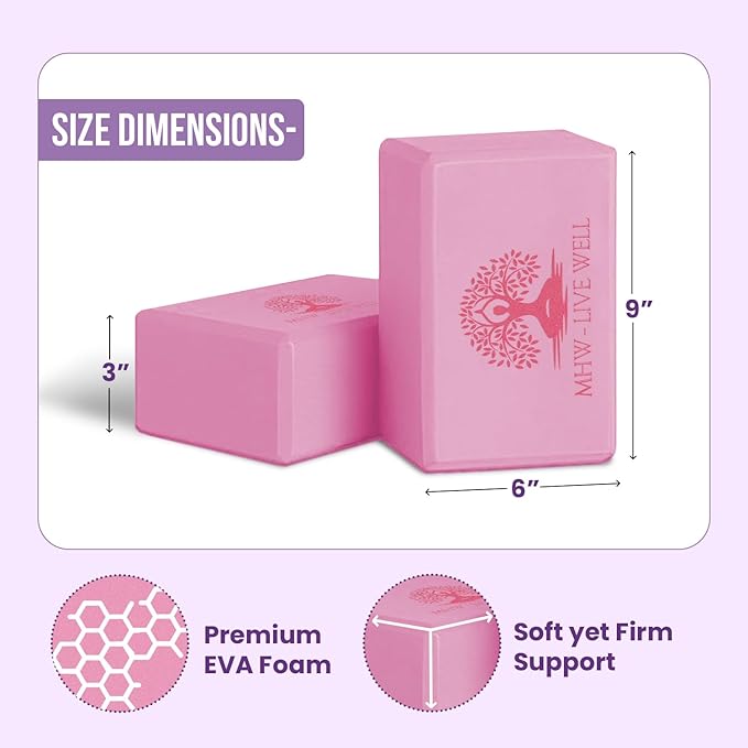 MHW - LIVE WELL EVA Foam Yoga Block, High Density Foam Exercise Block - Lightweight Pilates Block - 9.06 x 5.91 x 2.95 Inches, Single Piece, EVA Material - Pink (Pink, Pack of 1)
