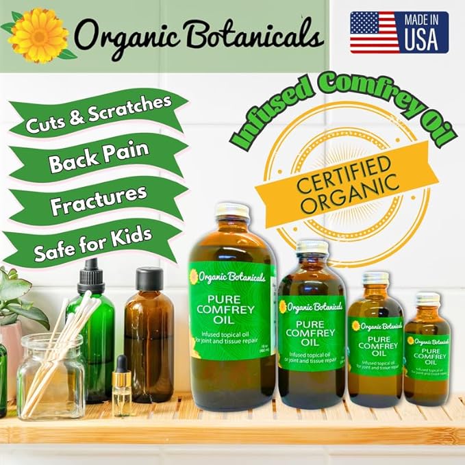 Pure Organic Comfrey Leaf Infused Oil - Skin Care for Joints, Back, Muscles, Fractures, Bruises, and Minor Wounds, Natural Herbal Body Massage Oil, Certified Organic (2 oz)