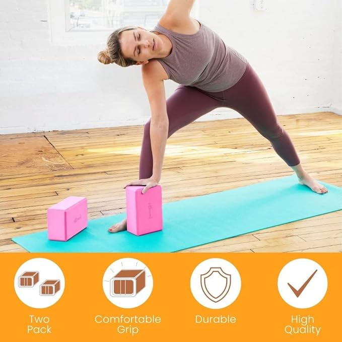 Sol Living Yoga Blocks 2 Pack High Density EVA Foam Yoga Cushion Stretching Pilates Meditation Exercise Equipment Support Deepen Poses Odor Free Non Slip Yoga Accessories - 4" x 6" x 9"- Pink