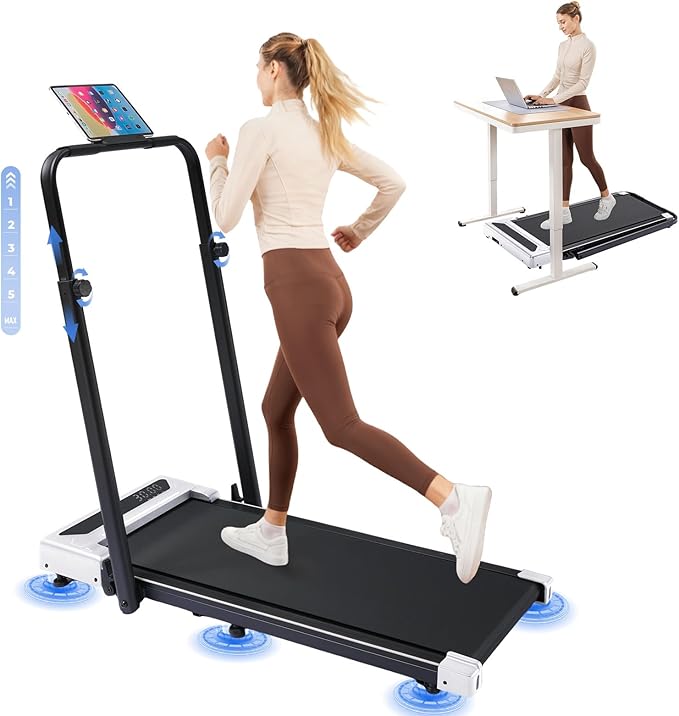 GORISE Walking Pad Treadmill with Adjustable Height Handle Bar and Incline, 3HP Quiet Foldable Under Desk Treadmill, Portable Treadmills for Home 350LBS with Remote Control LED Display