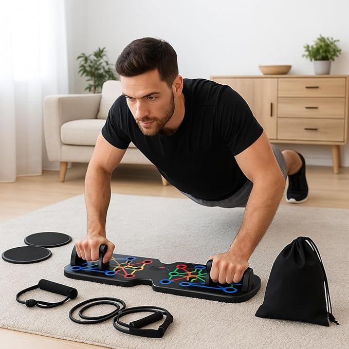 Push Up Board 21-in-1 Home Workout Equipment for Men & Women – Multi-Functional Push Up Bar with Handles, Resistance Bands, Sliding Discs & Carry Bag – Heavy-Duty 330 lbs Home Gym Equipment