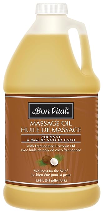 Bon Vital' Coconut Massage Oil, 1/2-Gallon Container, 100% Pure Fractionated Coconut Oil for Dry Skin, Lightweight Non-Greasy, Neutral Scent, Non-Staining, for Massage Therapy & At-Home Use
