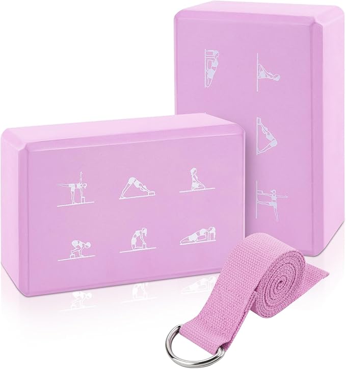 2 Yoga Block and 2 Yoga Strap Set,Non-slip EVA Foam Blocks, High Density Yoga Bricks with 6ft Strap, Supportive Latex-Free Yoga Block Accessories for Pilates