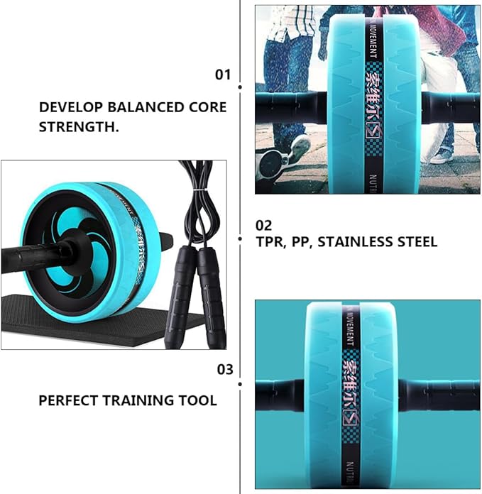 VOSAREA Ab Roller Wheel Fitness Exercise Wheel Set with Knee Pad and Jump Rope, Quiet Abdominal Roller for Core Strength Training, Blue and Black, Home Gym Calisthenics Equipment
