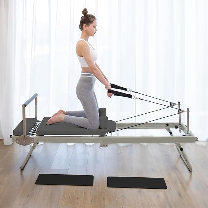 Pilates Reformer with Adjustable Reformer Heights and Angle,Foldable Pilates Machine & Equipment for Home Workout Cardio Fitness Rebounder Up to 300 Lbs Weight Capacity,Black/Beige