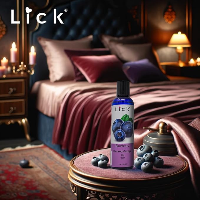 Lick Blueberry Flavored Massage Oil – Sweet Berry Edible Massage Oil with Sweet Almond Oil & Vitamin E, Lightweight Smooth Glide for Couples Massage & Play, 4 oz