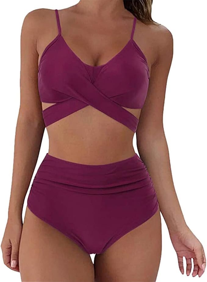 Womens Front Cross Ruched Bikini Set Twist Wrap Swimwear High Waisted Bottoms Print Straps Push Up Swimsuits