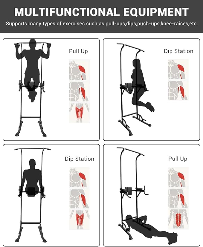 Power Tower Pull Up Bar Station, Height Adjustable Free Standing Dip Station, Home Strength Training Fitness Workout Equipment for Home Gym