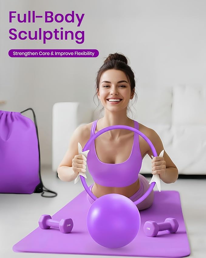 Pilates Ring Set for Women, Home Workout Pilates Equipment with Resistance Bands, 14'' Magic Circle, Mini Ball, Pilates Starter Kit for Strength, Toning and Flexibility