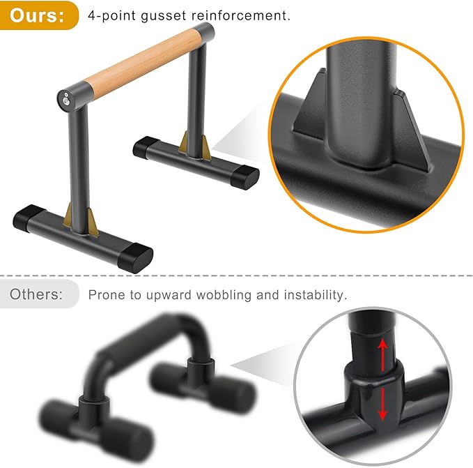 Kipika Parallettes Bars, Push Up Bars & Dip Bar with Comfort Thick Handles, Rock-Free Fitness Equipment for Handstand, L-Sit, Gymnastics & Strength Training, 600lbs Capacity (Wood)