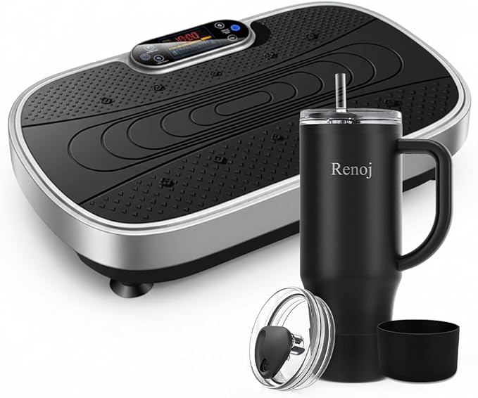 Vibration Plate Exercise Platform with Loop Bands + Renoj FlexSlide 40oz Insulated Stainless Steel Tumbler (Black) – Full Body Workout & Recovery Set